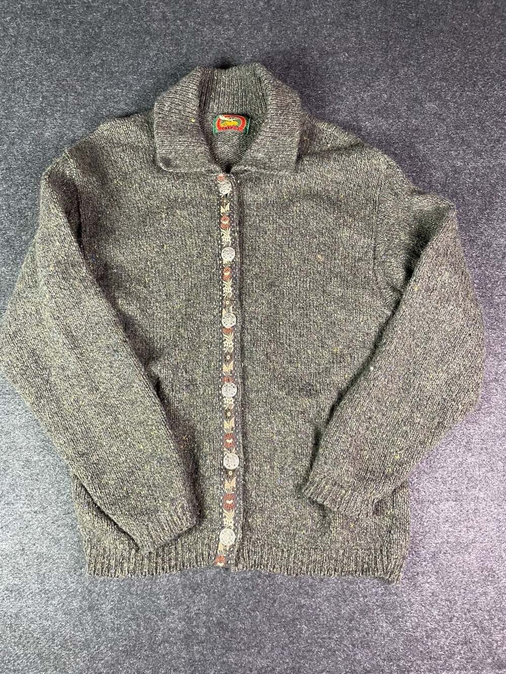 Alps Cardigan Sweater Size M Green Wool Folk Ribbon Trim Vintage